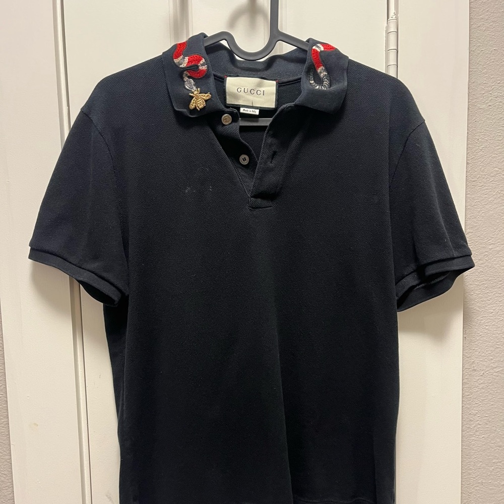 Men’s Black Embroidered Bee/Snake Gucci Polo, L